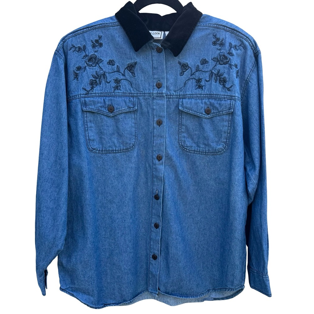 New Look Vintage 90s Cottagecore Coastal Western Denim Floral Embroidered Top M